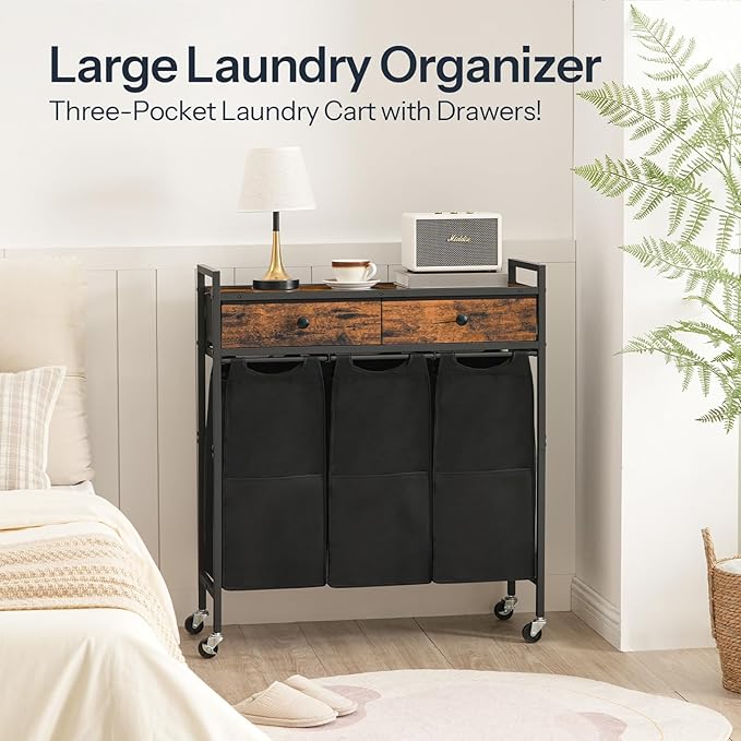 HOOBRO Laundry Sorter 3 Section, 130L Laundry Hamper with 2 Drawers, Rolling Laundry Basket, Pull-Out and Removable Laundry Bags for Laundry Room Organization, Rustic Brown and Black BF78XY01