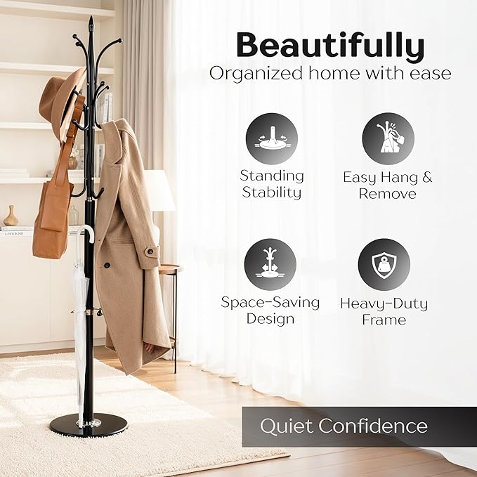 Modern Metal Coat Rack with Sturdy Natural Marble Base for Coat, Jacket, Hat, Cloths, Bags - Freestanding Coat Stand with 12 Hooks & Umbrella Holder for Entryway, Hallway, Corner, Office