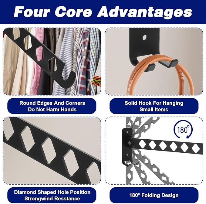 2Pcs Wall Mount Coat Hanger, Black Clothes Drying Organizer Rack, Retractable Folding Indoor Wall Mounted Holder, Closet Storage Organizer for Laundry Room Bedroom with 40cm Rod