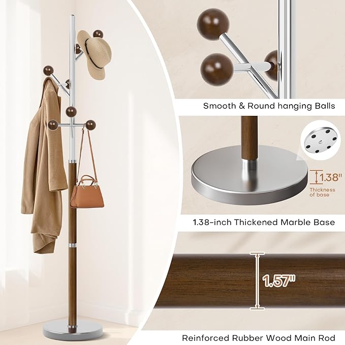 Coat Rack Freestanding, Metal Coat Tree with 9 Rubber Wood Hooks, Heavy Duty Coat Hanger Stand with Marble and Stainless Steel Base, Standing Hall Tree for Clothes, Hats, Bags, Jacket