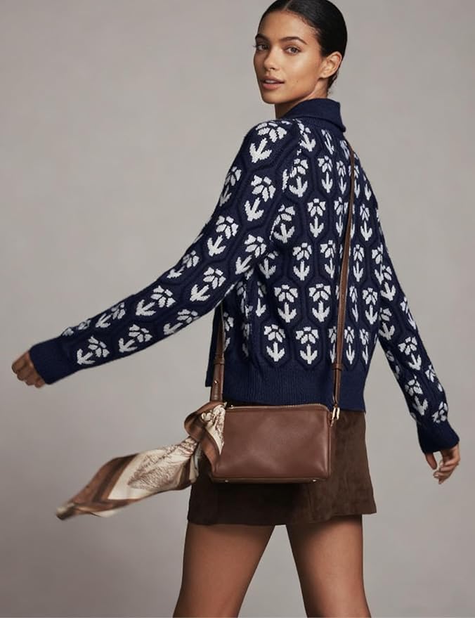Women Floral Cropped Cardigan Sweaters Shawl Collar Long Sleeve Button Down Knit Jacket Flower Print Knitwear