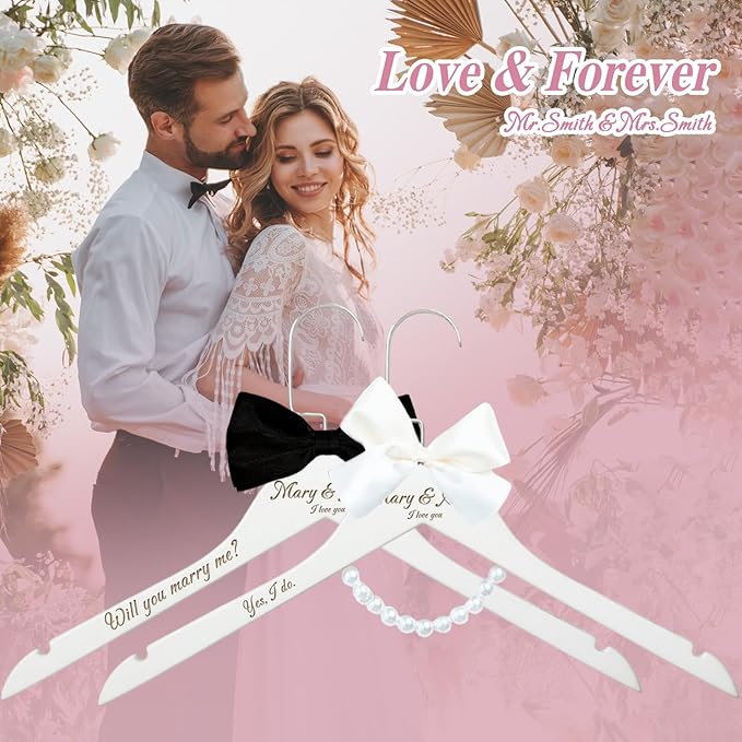 2 Pcs Personalized Wedding Hanger for Bride and Groom, Wooden Bride Hanger, Custom Mr and Mrs Hangers with Bow Tie for Tuxedo, Bridal Party Shower, Wedding Gift