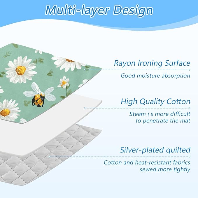 Ironing Mat Pad for Table Portable Travel Iron Blanket Ironing Board Covers Pressing Mat Heat Press Pads 27.6x47.2 Inches Mint Green Daisy Flowers and Bees46
