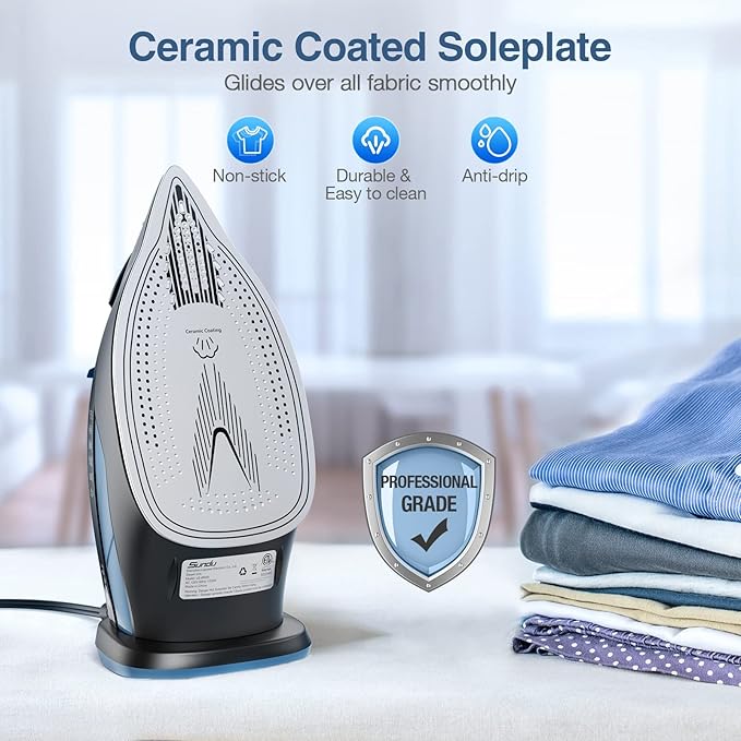 Steam Iron for Clothes 12s Fast Heat-up, 1500W Iron with 13.21oz Water Tank, 3-Way Auto shutoff, Burst Steam, Spray Mist, Anti-Drip, Self-Cleaning, Vertical Ironing for Home