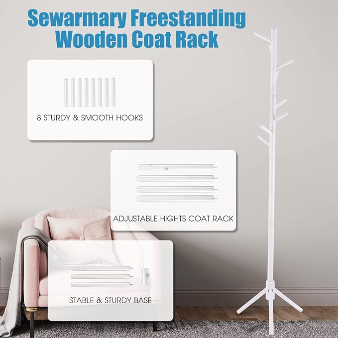 Wood Coat Rack Freestanding, Adjustable Hall Tree Coat Rack Stand with 3 Sections & 8 Hooks Easy to Assemble, Kids Coat Hanger Rack Entryway Corner Office Clothes Rack (White-Triangle)