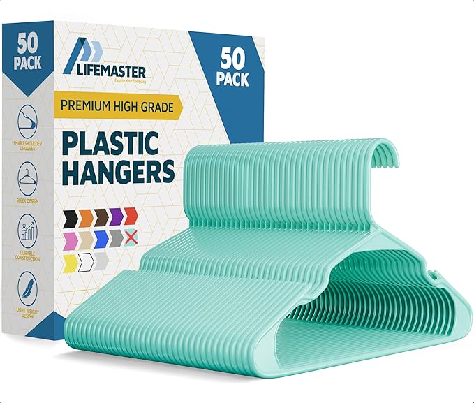 Lifemaster Plastic Clothes Hangers – Heavy Duty Hanger Set, for Organizing Clothes, Dresses, and Coat, Holds Up to 5 lbs, Space-Saving Hangers with Non-Slip Shoulder Grooves, Pack of 50, Aqua