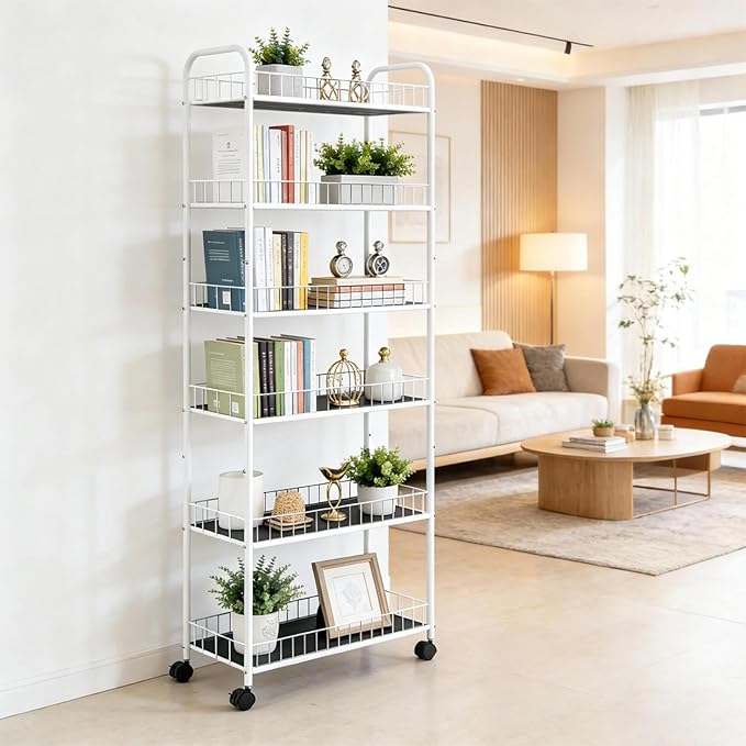 6 Tier Slim Rolling Storage Cart, Mobile Shelving Unit with Wheels, Metal Wire Storage Rack with Baskets for Kitchen Bathroom Office Laundry Narrow Piaces (10in White)