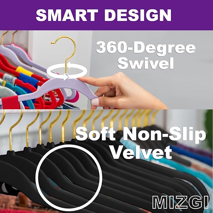 MIZGI Black Velvet Hangers 60 Pack,Premium Gold Clothes Hangers Non-Slip Felt Hangers,Sturdy Black Heavy Duty Coat Durable Suit Hanger for Space Saving, No Flocked Marks