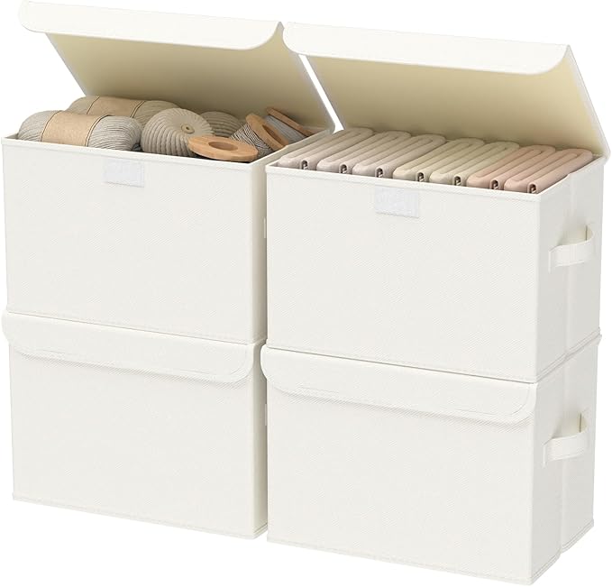 Storage Bins with Lids for Organizing, Closet Boxes with 2 Carrying Handles and Sturdy Heavy Cardboard, Home Organizers Cubes, 4 Pack, Beige, 15 x 9.8 x 9.8 In, XSNY12BEL-4