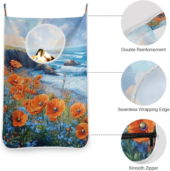 Hanging Laundry Hamper with Stainless Steel Hooks,Oxford Fabric Printing Door Laundry Clothes Bag, 29.5X20inch 2PCS Poppy Flower and Blue Ocean