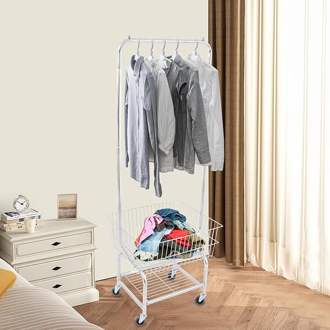 Laundry Cart,Steel Wire Laundry Cart,Laundry Basket With Wheels,Commercial Laundry Basket Cart Heavy Duty with Rod Rack 19.69x15.75x70.87in (H)