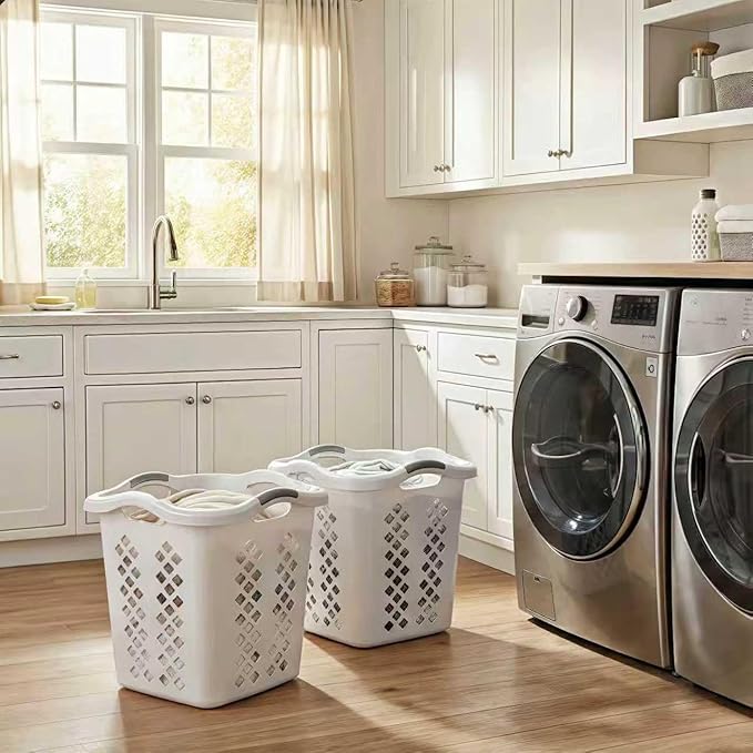 2-Pack Ultra Easy Carry Plastic Laundry Hamper, 2 Bushel Lamper Plastic Laundry Basket with Silver Handles,Dirty Clothes Laundry Hamper Bin for Home, Apartment (White)