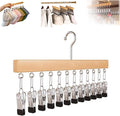 Closet Organizer with 10 Clips, Space Saving Hanging Closet Organizer, Space-Saving Hat Scarf Clothespins for Jeans Skirts Socks Pant Hangers with Clips (Wood-12 Clips, 1PC)