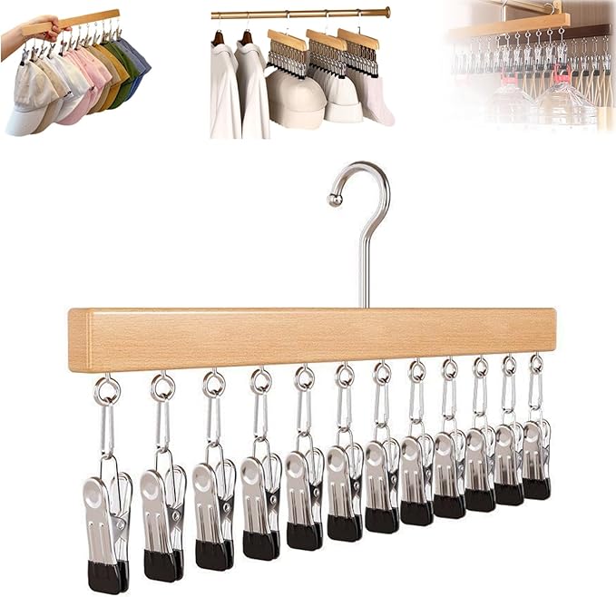 Closet Organizer with 10 Clips, Space Saving Hanging Closet Organizer, Space-Saving Hat Scarf Clothespins for Jeans Skirts Socks Pant Hangers with Clips (Wood-12 Clips, 1PC)