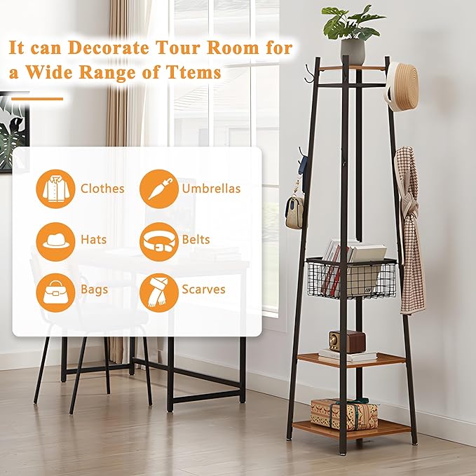 VECELO Coat Rack Freestanding,Hall Tree with Metal Basket and Storage Shelves,Industrial Coat Rack Stand with 8 Hooks for Hanging Coats/Hats/Bags/Umbrellas,18 x 18 x 72 In,Vintage Brown
