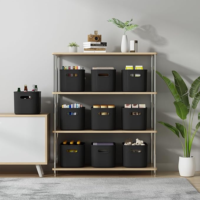 8 Pack Black Storage Bins with Lids Stackable Storage Container for Organizing, Black Storage Boxes with Handle for Shelves, Cute Organizer Bins for Craft, Snacks, 9.85x6.9x5.7 inch