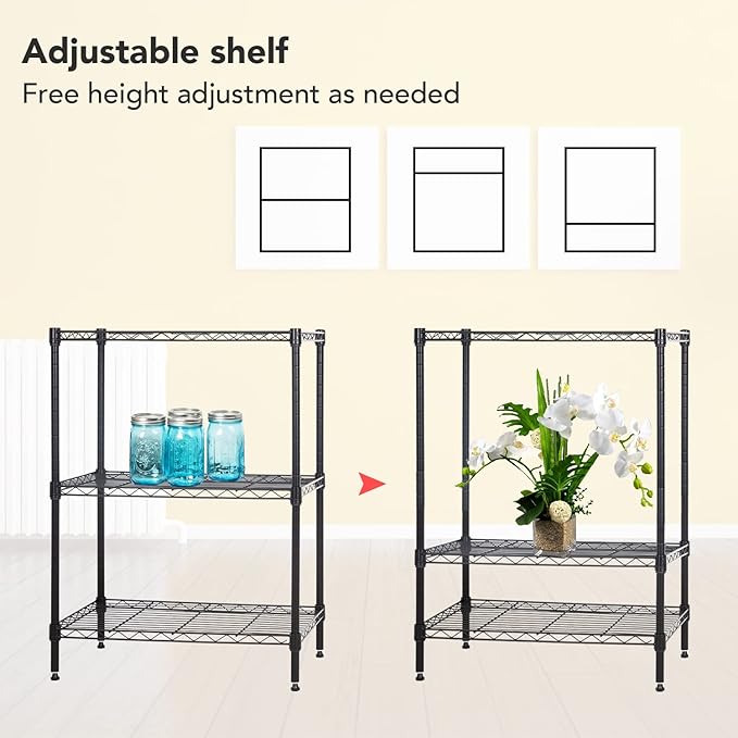 3-Tier Metal Wire Shelving Unit, Heavy Duty Adjustable Storage Rack for Laundry Room, Pantry, Kitchen, Garage Organization and Storage, Small Space Shelves (Black, 23"L × 13.2"W × 30.2"H)