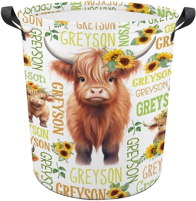 Highland Cow Laundry Basket,Personalized Laundry Hamper for Boys Girls,Custom Laundry Basket With Name, Customized Dirty Clothes Hamper for Bathroom Bedrooms,M-19.5"X 15.7"