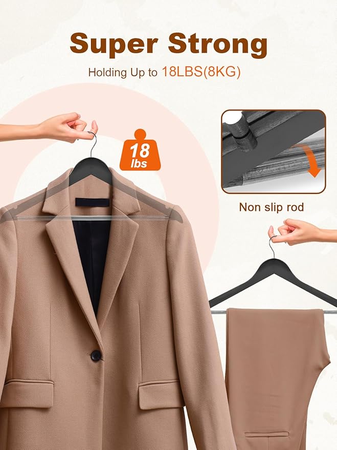 HOUSE DAY Black Wooden Hangers 20 Pack, Solid Wood Hanger with Non Slip Pant Bar, Heavy Duty Wooden Coat Hanger for Closet, Smooth Finish Wood Clothes Hangers for Shirts, Suits, Jackets, Dress