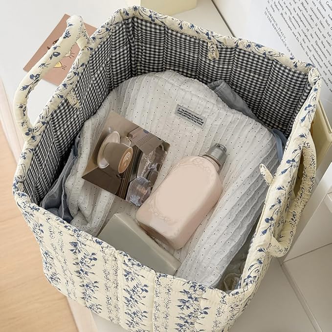 Quilted Fabric Basket Car Storage Basket Boho Floral Laundry Hamper for Nursery Bedroom & Living Room | Organize Clothes Toys