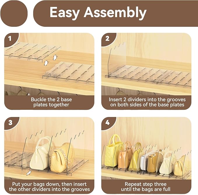 SOYO Adjustable Purse Organizers for Closet, Acrylic Shelf Divider for Bag and Purse Storage, Clear Pocketbook and Handbag Organizer, Bookshelf Separator Organizers for House, Office Use, Clear