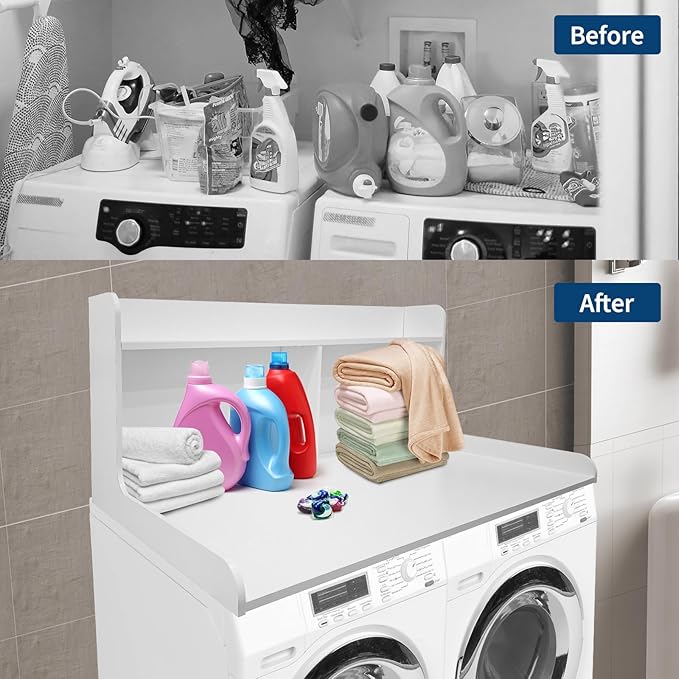 2-Tier Washer Dryer Countertop, 54" W x 27.55" D Laundry Countertop Organization with Non-Slip Pad, Wooden Washer and Dryer Topper for Folding Clothes, Laundry Room Storage