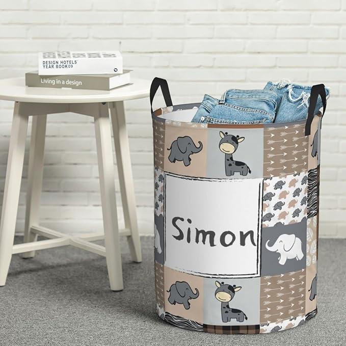 Jungle Animal Personalized Laundry Basket Name Clothes Hamper with Handles Waterproof Laundry Storage Baskets for Bedroom Bathroom Decor.