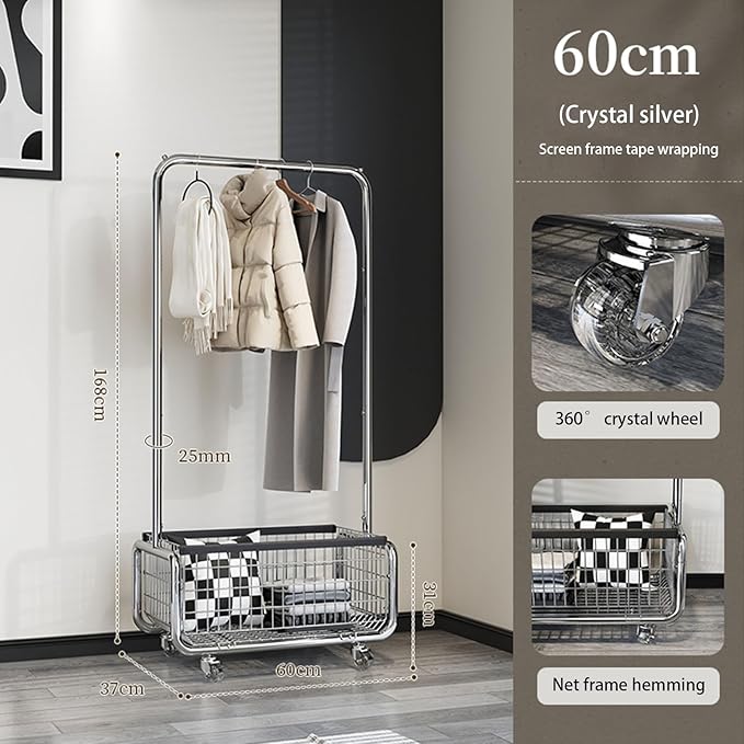 Freestanding Clothes Rack,Metal Coat Rack with Movable Storage Basket,360° Rolling Clothes Rack,Mobile Storage Coat Rack for Bedroom (Size : 60cm)