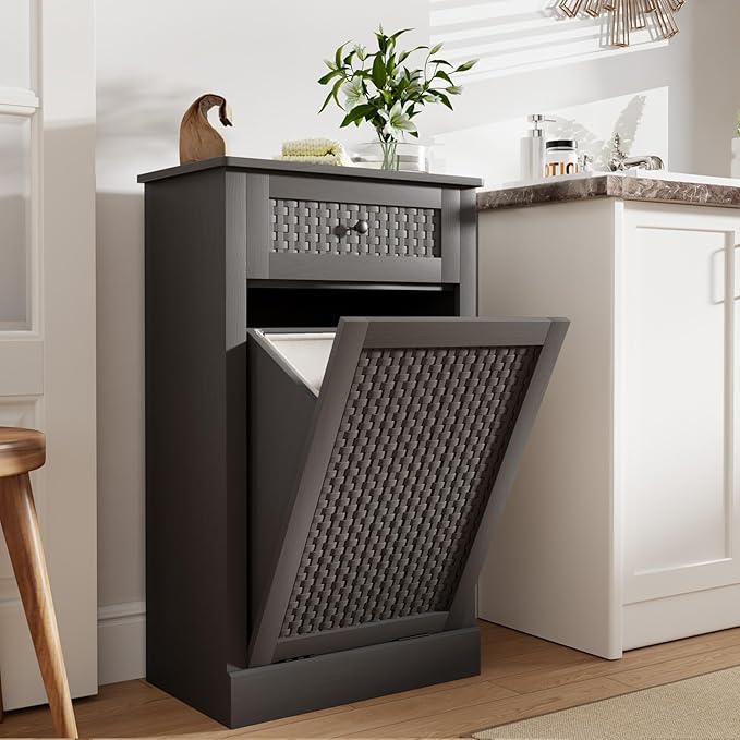 Tilt Out Laundry Hamper Cabinet, Rattan-Style Laundry Room Organization with Removable Laundry Basket, Hidden Wood Dirty Clothes Hamper with Drawer, 21.6" L x 13" W x 35.8" H, Gray