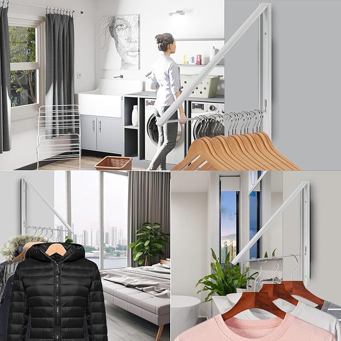 Foldable Clothes Drying Rack, Wall Mounted Retractable Drying Rack Clothes Hanger for Laundry, Bathroom, Balcony Use, Space Saving Laundry Racks and Closet Organizer, Aluminum (White)