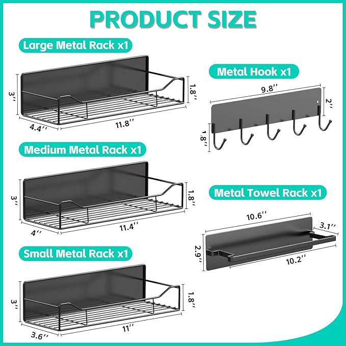 5 Pack Multifunctional Magnetic Shelves for Refrigerator Spice Rack & Washing Machine Organize, Include Towel Rack, Kitchen Utensil Hanger and Hooks, Strong Magnet for Secure Hold (Line style, Black)