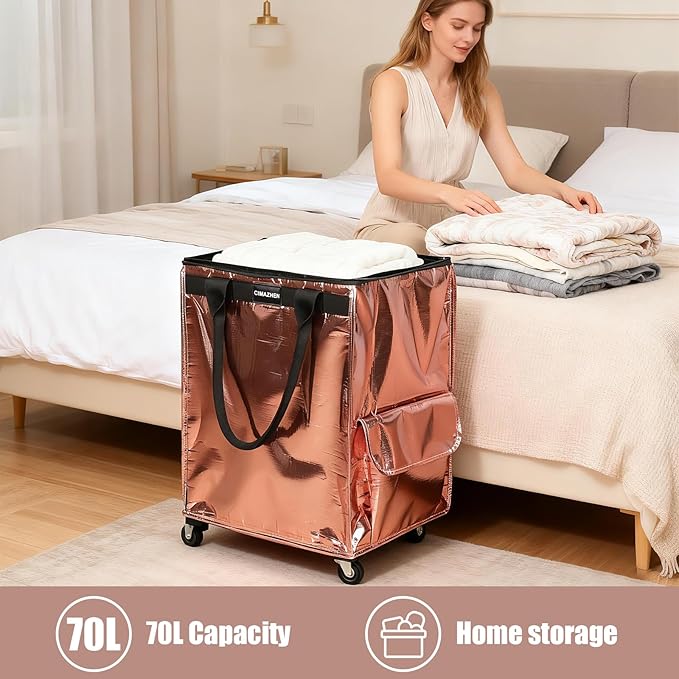 (Medium,Rose Gold) Reusable Grocery Bag on Wheels, Foldable Rolling Tote Bag with 3 Handles and Zipper, Storage Organizer for Clothes & Groceries, Rolling Shopping Cart, 76lb