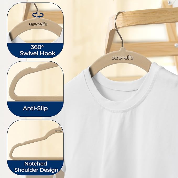 SereneLife 100 Pack Velvet Non-Slip Heavy Duty Adult Hangers – Ultra-Thin Space Saving Clothes Organizer with 360° Swivel Hook for Coats Shirts Dresses Closet Storage – Ivory