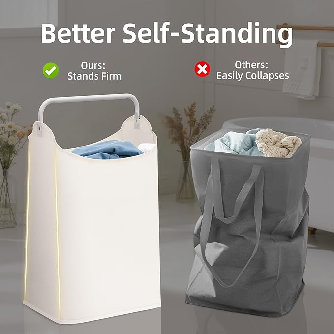 STORAGE MANIAC 2 Pack Large Laundry Hamper with Sturdy Metal Handle, Collapsible Laundry Basket, Freestanding Waterproof Clothes Hamper for Laundry Room, Bedroom, Dorm, Towels, Toys, White