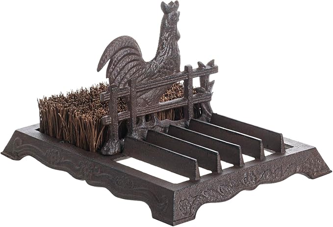 FARM IN Farmhouse Shoe Brush Scraper Outdoor Rustic Heavy Duty Cast Iron Boot Scraper with Brush for Home Porch Garden with Barn Rooster Design