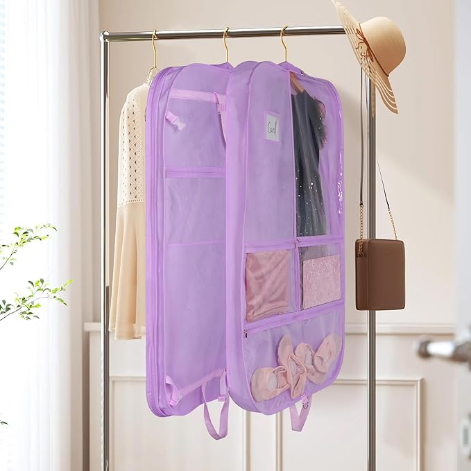 Univivi 40 Inch Kids Garment Bags for Dance Costumes, 3 Medium Clear Zipper Pockets and 2 Back Zippered Pockets for Hanging Clothes, Travel Storage - Purple