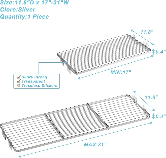 Adjustable Closet Shelve Divider,Rod Expandable Metal Hanging Shelf Closet Separator for Closet,Cabinet,Wardrobe,Cupboard Bathroom,Bedroom(Silver,11.8" D x 17"-31" W,1PCS)
