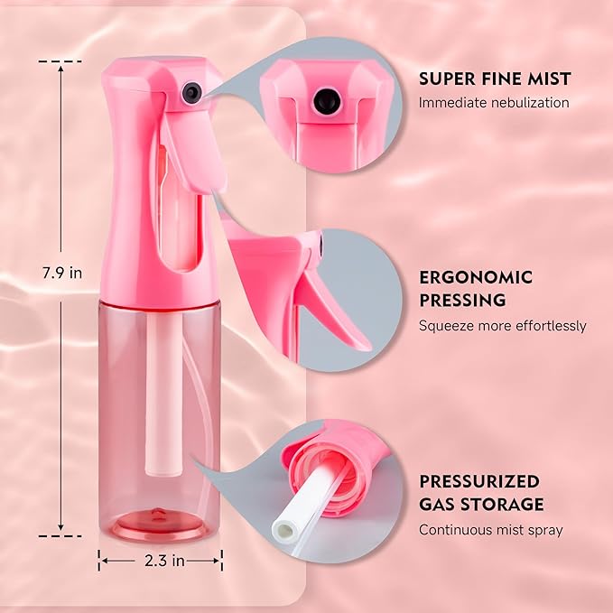 Continuous Spray Bottle for Hair, 1Pack Pink 6.8oz Mister Spray Bottle, Hair Spray Bottles for Hairstyling, Cleaning, Plants, Pets, Salons & More