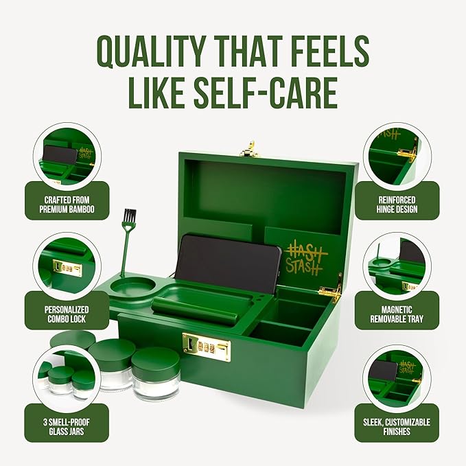 The OG Stash Storage Box - Large Bamboo Box with Combination Lock, Magnetic Lid, Organizer Tray, 3 Jars and Brush - Portable Decorative Wooden Lock Kit with Accessories (Green/Gold)
