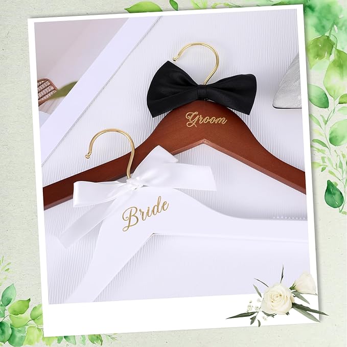 2 Pcs Bride and Groom Hangers Bride Hanger Wedding Dress Hanger Wedding Hangers with Bow Tie for Tuxedo Suit Bridal Shower Gifts