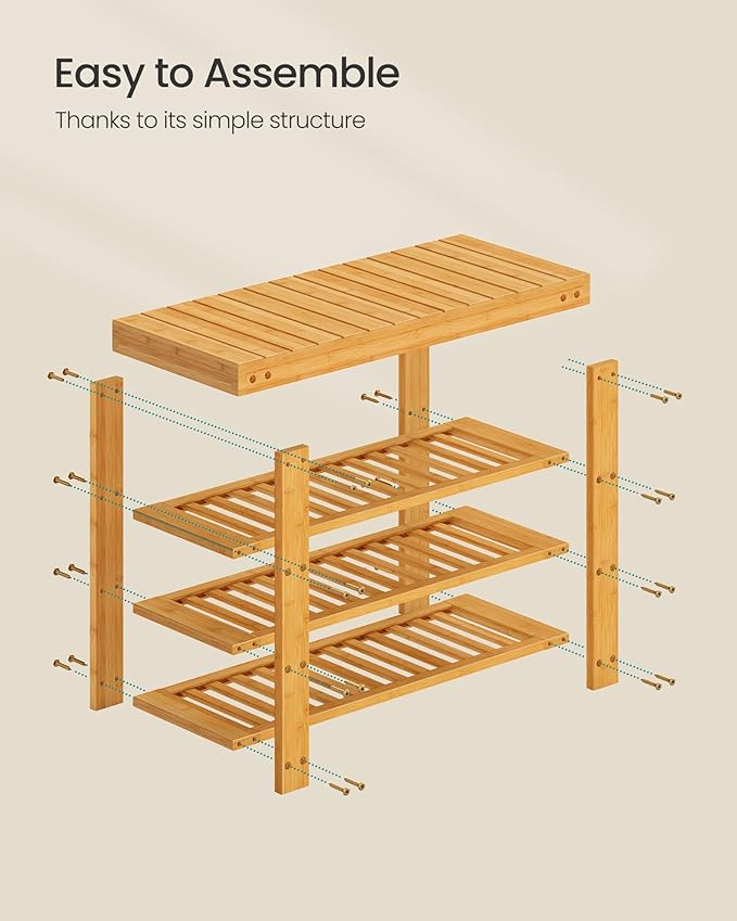 SONGMICS Shoe Rack Bench, 4 Tier Bamboo Shoe Storage Organizer, Entryway Bench, for Living Room, Bathroom, Bedroom, 11.3 x 27.6 x 20.5 Inches, Light Bamboo ULBS370YL01