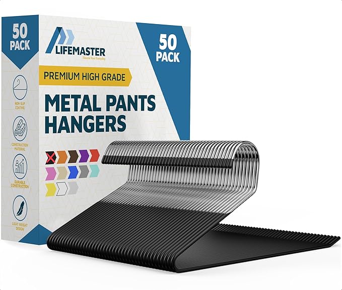 Lifemaster Metal Pants Hanger Set - 50 Pieces Elegant Non-Slip Closet Space Saving Hanger Set for Pants, Trouser, Blankets, and Jeans with Rubber Coating and Open Ended Sleek Design - Black