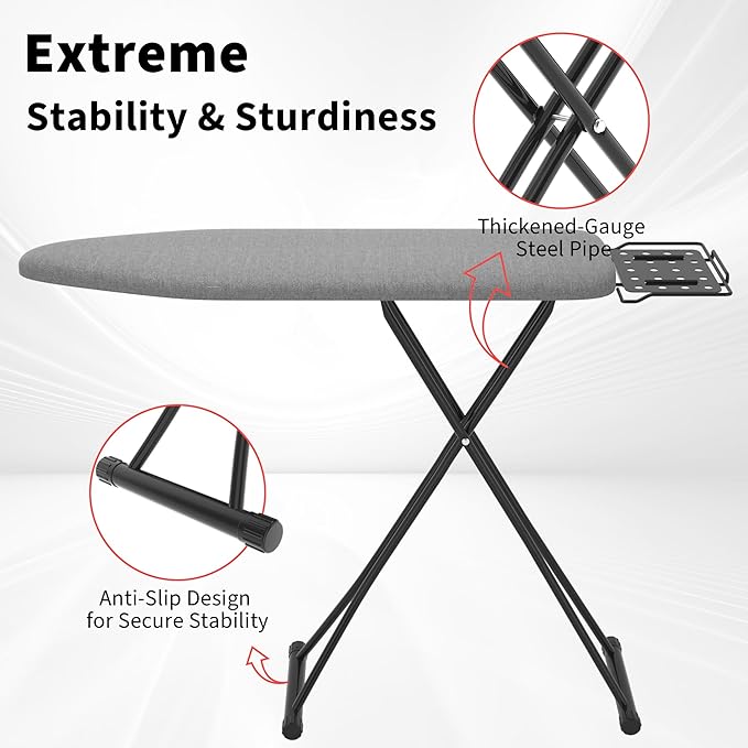 Ironing Board with Porous Iron Rest, 7 Adjustable Heights, 43" x 13", 3-Layer Heat-Resistant Cover & Pad for Home Laundry, Gray