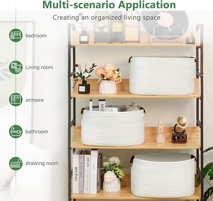Cotton Rope Basket, Storage Baskets with Handle, 15x10x9 Inch Woven Basket for Shelves, Laundry, Towels, Clothes, Books (White 1Pack)