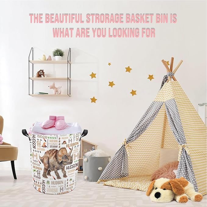 Dinosaur Laundry Basket,Custom Laundry Hamper with Name,Personalized Dinosaur Gifts for Boys Girls,Customize Collapsible Laundry Basket for Bedroom Bathroom,S-16.5"x 13.8"