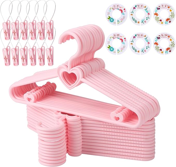 Pink Heart Baby Hangers 50 Pack Plastic Baby Clothes Hangers with Clips Non-Slip Laundry Kids Infant Hanger for Newborn Toddler Clothes, Stackable Space Saving