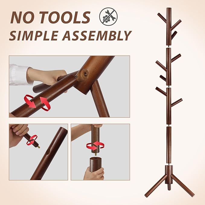 Durable Wooden Coat Rack, Freestanding Coat Rack with Stable Triangular Base, 8 Hooks & 3 Adjustable Heights, Simple Assembly for Bedroom, Hallway, Office(New Brown)