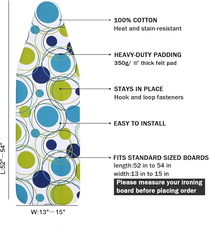 Ironing Board Cover and Pad Standard Size 15" x 54",3 Pairs of Hook and Loop Fastener Straps,Elastic Edges,Cotton Iron Board Cover with Scorch Resistant Thick Padding(Colored Circle)
