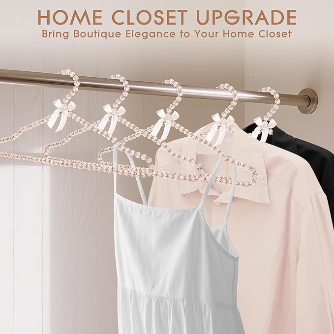 Beaded Clothes Hangers with Satin Bow – Set of 5, 15.7" Non-Slip Bead Hangers for Wedding Dresses, Boutique Display & Closet Decor – Champagne Gold