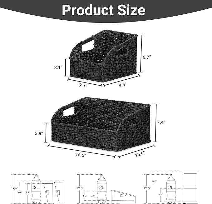Wicker Baskets for Organizing,Pantry, Kitchen Counter with Handles, Handwoven Woven Storage Baskets for Fruit, Bread, Vegetable, Paper Storage Bins for Shelves, 3 Pack, Black